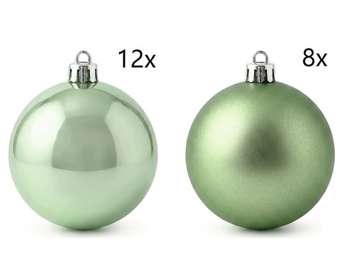 Set aus 20 Weihnachtskugeln in Salbeigrün bestehend aus 12 glänzenden und 8 matten Kugeln.