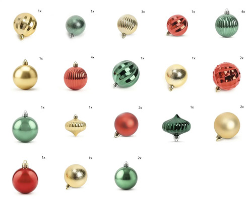 Weihnachtskugelsatz mit verschiedenen Ornamenten in Rot, Gold und Grün mit matten, glänzenden und gerippten Oberflächen.