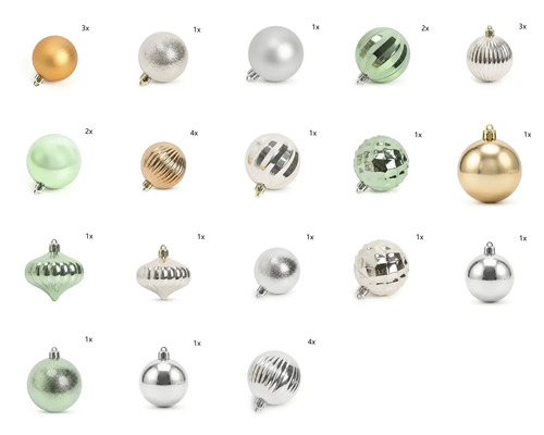 30-teiliges Set aus Weihnachtskugeln und Ornamenten in verschiedenen Formen und Strukturen wie glänzend, matt, geriffelt und facettiert.
