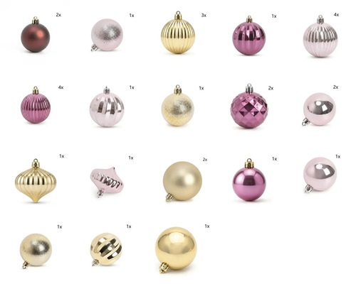 Set aus 26 Christbaumkugeln in verschiedenen Formen und Oberflächen wie glänzend, matt, glitzernd und gerippt.