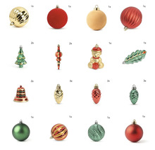Weihnachtsbaumschmuck-Set mit verschiedenen Formen wie Kugeln, Glocken, Zapfen, Tannenbäumen und Figuren mit matten und glänzenden Oberflächen.