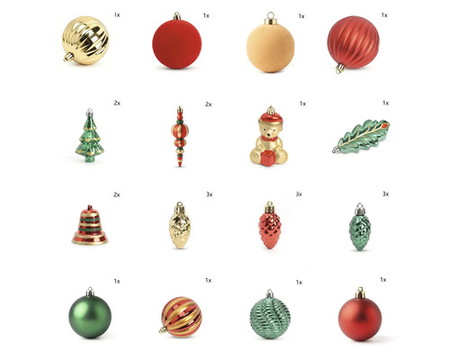 Weihnachtsbaumschmuck-Set mit verschiedenen Formen wie Kugeln, Glocken, Zapfen, Tannenbäumen und Figuren mit matten und glänzenden Oberflächen.