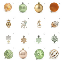 Weihnachtsbaumschmuck-Set mit Kugeln, Tierfiguren, Schneeflocken und Blättern in verschiedenen Designs und Oberflächenstrukturen.