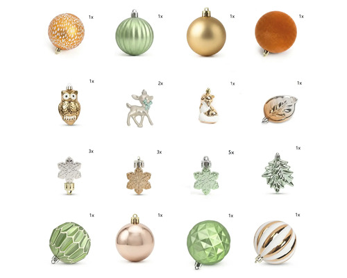 Weihnachtsbaumschmuck-Set mit Kugeln, Tierfiguren, Schneeflocken und Blättern in verschiedenen Designs und Oberflächenstrukturen.