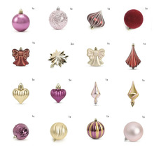 Set aus verschiedenen Weihnachtsanhängern wie Kugeln, Sternen, Herzen und Schleifen in unterschiedlichen Mustern und Oberflächen.