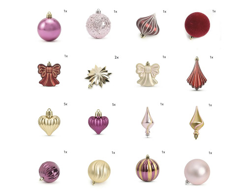 Set aus verschiedenen Weihnachtsanhängern wie Kugeln, Sternen, Herzen und Schleifen in unterschiedlichen Mustern und Oberflächen.