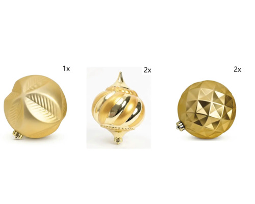 Goldene Christbaumkugeln im Set mit Blattmuster, Spiralform und geometrischen Facetten.