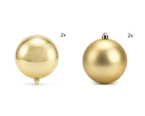 Set mit vier Weihnachtskugeln, zwei glänzend und zwei matt goldfarben.