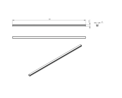 Technische Zeichnung eines linearen LED-Profils mit Maßen: Länge 885 Millimeter, Höhe 19,5 Millimeter und Breite 25 Millimeter.