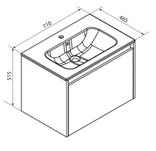 Maßzeichnung eines Waschtischunterschranks mit Waschbecken, Breite 710 Millimeter, Tiefe 465 Millimeter, Höhe 515 Millimeter.