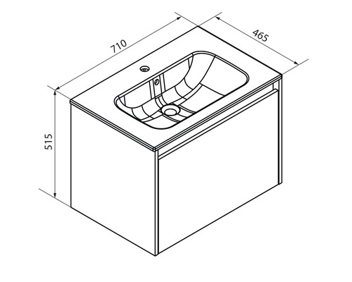 Maßzeichnung eines Waschtischunterschranks mit Waschbecken, Breite 710 Millimeter, Tiefe 465 Millimeter, Höhe 515 Millimeter.
