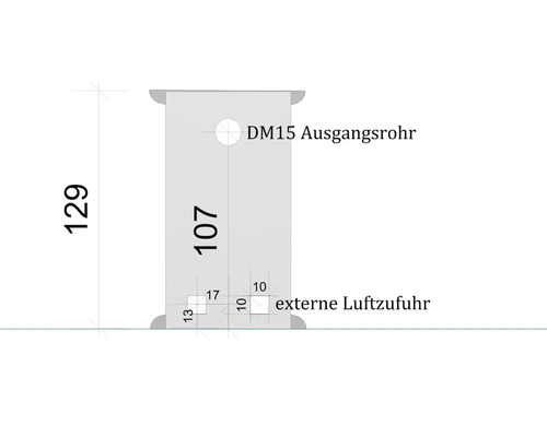 Technische Zeichnung eines Ofens mit Maßangaben für das Ausgangsrohr und die externe Luftzufuhr