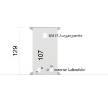 Technische Zeichnung eines Ofens mit Maßangaben für das Ausgangsrohr und die externe Luftzufuhr