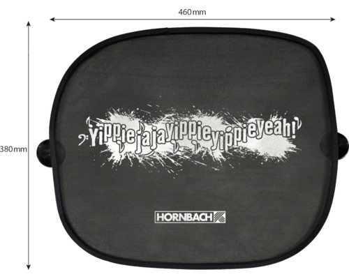 Sonnenschutz fürs Auto mit Hornbach Logo und Aufdruck Yippie jaja yippie yippie yeah, Abmessungen 460 mal 380 Millimeter.