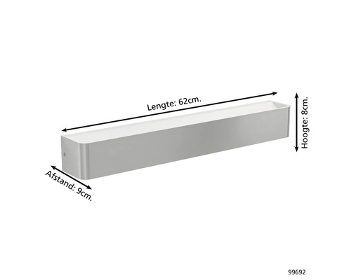 Wandleuchte mit Maßen: Länge 62 Zentimeter, Höhe 8 Zentimeter, Tiefe 9 Zentimeter.