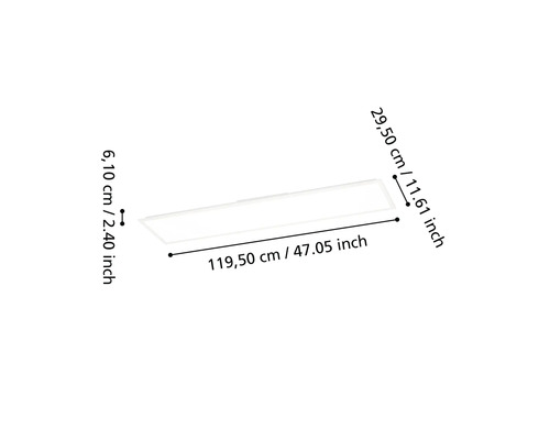 LED-Panel mit Maßen: Länge 119,50 Zentimeter, Breite 29,50 Zentimeter, Höhe 6,10 Zentimeter.
