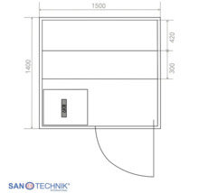Technische Zeichnung einer Sanotechnik Sauna mit den Maßen 1500 mal 1400 Millimeter, Liegeflächen und einem 6 Kilowatt Saunaofen.