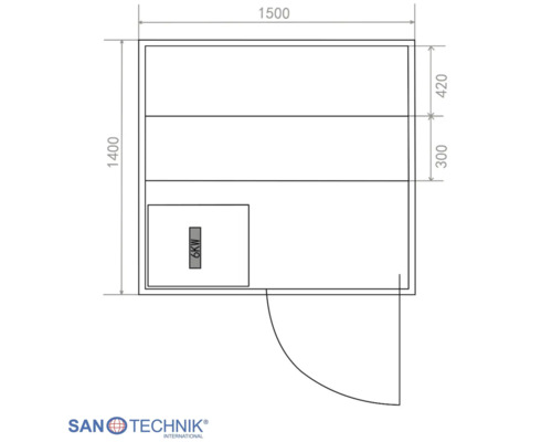Technische Zeichnung einer Sanotechnik Sauna mit den Maßen 1500 mal 1400 Millimeter, Liegeflächen und einem 6 Kilowatt Saunaofen.