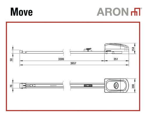 Maßzeichnung des Garagentorantriebs ARON Move mit Maßen in Millimeter. ARON Logo.