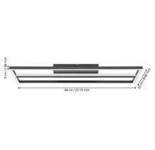 Schwarze LED-Deckenleuchte in rechteckigem Design mit den Maßen 64 Zentimeter Breite, 22 Zentimeter Tiefe und 5 Zentimeter Höhe.