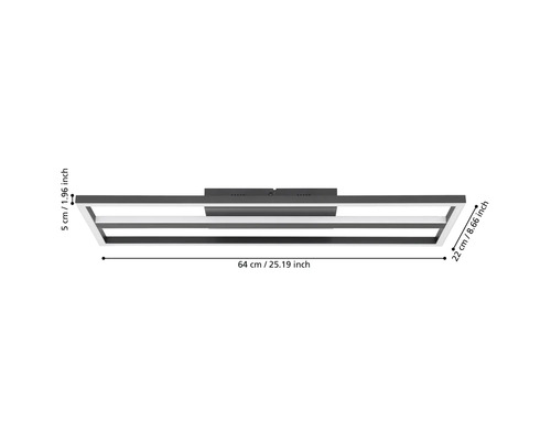 Schwarze LED-Deckenleuchte in rechteckigem Design mit den Maßen 64 Zentimeter Breite, 22 Zentimeter Tiefe und 5 Zentimeter Höhe.