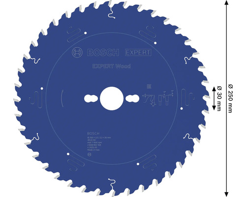 Blaues Bosch Expert Wood Kreissägeblatt für Holz, Durchmesser 250 Millimeter, Bohrung 30 Millimeter, Bosch Logo.