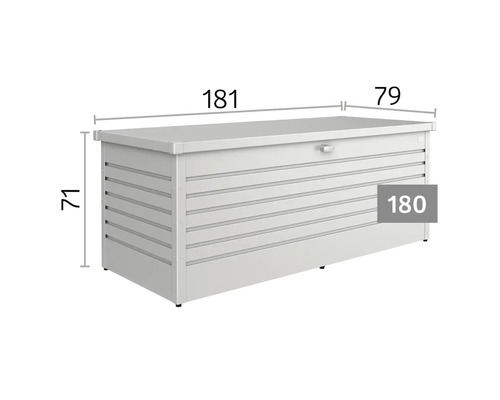 Gartenbox mit horizontaler Linienstruktur und den Maßen 181 Zentimeter Länge, 79 Zentimeter Breite und 71 Zentimeter Höhe. Modell Größe 180.