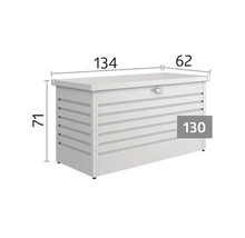 Gartenbox aus Metall mit Maßen: Länge 134 Zentimeter, Tiefe 62 Zentimeter, Höhe 71 Zentimeter, Modell 130.