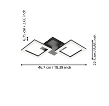 LED-Deckenleuchte mit zwei quadratischen Rahmen, Maße 46,7 Zentimeter breit, 22,5 Zentimeter tief und 6,75 Zentimeter hoch.