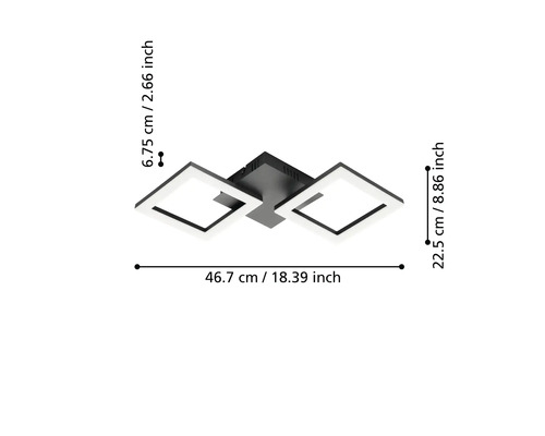 LED-Deckenleuchte mit zwei quadratischen Rahmen, Maße 46,7 Zentimeter breit, 22,5 Zentimeter tief und 6,75 Zentimeter hoch.