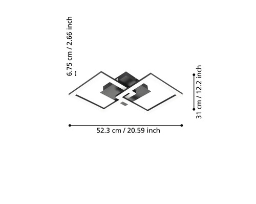Moderne LED-Deckenleuchte mit zwei Quadraten, Maße: Breite 52,3 Zentimeter, Tiefe 31 Zentimeter, Höhe 6,75 Zentimeter.