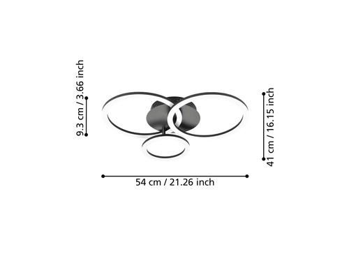 LED-Deckenleuchte mit drei Ringen, Maße: Breite 54 Zentimeter, Tiefe 41 Zentimeter, Höhe 9,3 Zentimeter.