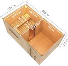Holzsaunahaus mit Vorraum und Saunabereich, isometrische Ansicht mit Maßangaben zur Planung einer Gartensauna.
