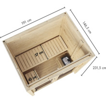 Sauna aus Holz mit zwei Liegeflaechen, Ofen und Bemaßungen fuer den Innenraum.