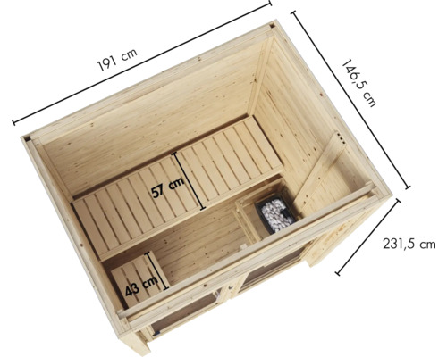 Sauna aus Holz mit zwei Liegeflaechen, Ofen und Bemaßungen fuer den Innenraum.
