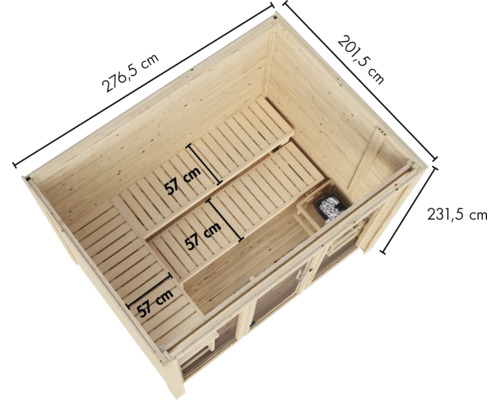 Draufsicht einer Holzsauna mit Maßangaben für die Außenmaße 276,5 mal 231,5 Zentimeter und Innenbanktiefe von 57 Zentimetern.