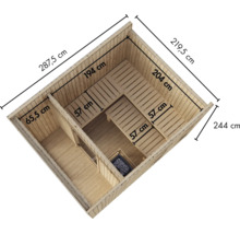 Draufsicht auf eine Holzdampfsauna mit Vorraum und Maßangaben in Zentimetern.