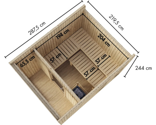 Draufsicht einer Holzsauna mit Maßangaben der Innenbereiche, der Sitzbänke und der Gesamtaußenmaße.