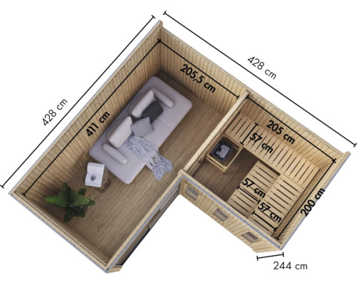 Draufsicht einer Holzsauna mit integriertem Wohnbereich und Maßangaben für die Planung