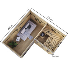 Draufsicht auf ein L-förmiges Gartenhaus mit integrierter Sauna und einem Ruhebereich mit Sofa, Maße und Aufteilung sind eingezeichnet.