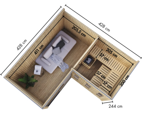 Draufsicht auf ein L-förmiges Gartenhaus mit integrierter Sauna und einem Ruhebereich mit Sofa, Maße und Aufteilung sind eingezeichnet.