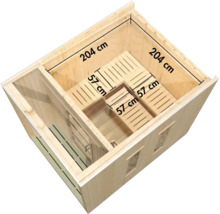 Draufsicht einer Holzsauna mit Innenmaßen von 204 mal 204 Zentimetern und Saunabänken mit einer Breite von 57 Zentimetern.