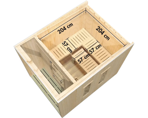 Draufsicht einer Holzsauna mit Innenmaßen von 204 mal 204 Zentimetern und Saunabänken mit einer Breite von 57 Zentimetern.