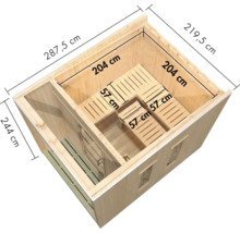 Sauna aus Holz mit Innenansicht und Maßangaben in Zentimetern