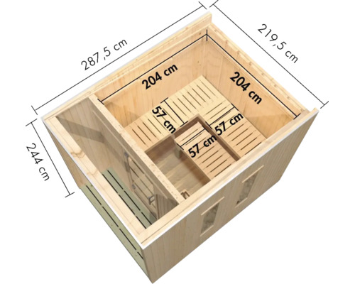 Sauna aus Holz mit Innenansicht und Maßangaben in Zentimetern