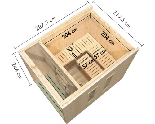 Holzsauna mit Vorraum und Bänken, Draufsicht mit eingetragenen Maßen in Zentimetern.
