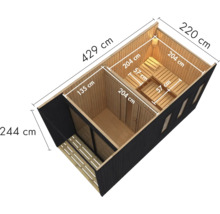 Gartensauna mit Vorraum und Saunabereich aus Holz mit Maßangaben in Zentimetern