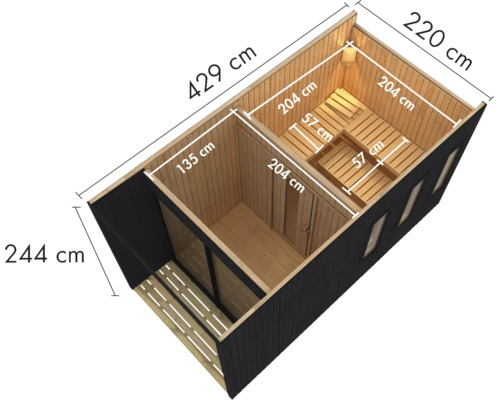Gartensauna mit Vorraum und Saunabereich aus Holz mit Maßangaben in Zentimetern