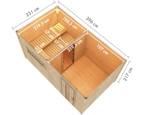 Holzsaunahaus mit Vorraum und Saunabereich, isometrische Ansicht mit Maßangaben zur Planung einer Gartensauna.