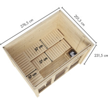 Draufsicht einer Holzsauna mit Maßangaben für die Außenmaße 276,5 mal 231,5 Zentimeter und Innenbanktiefe von 57 Zentimetern.